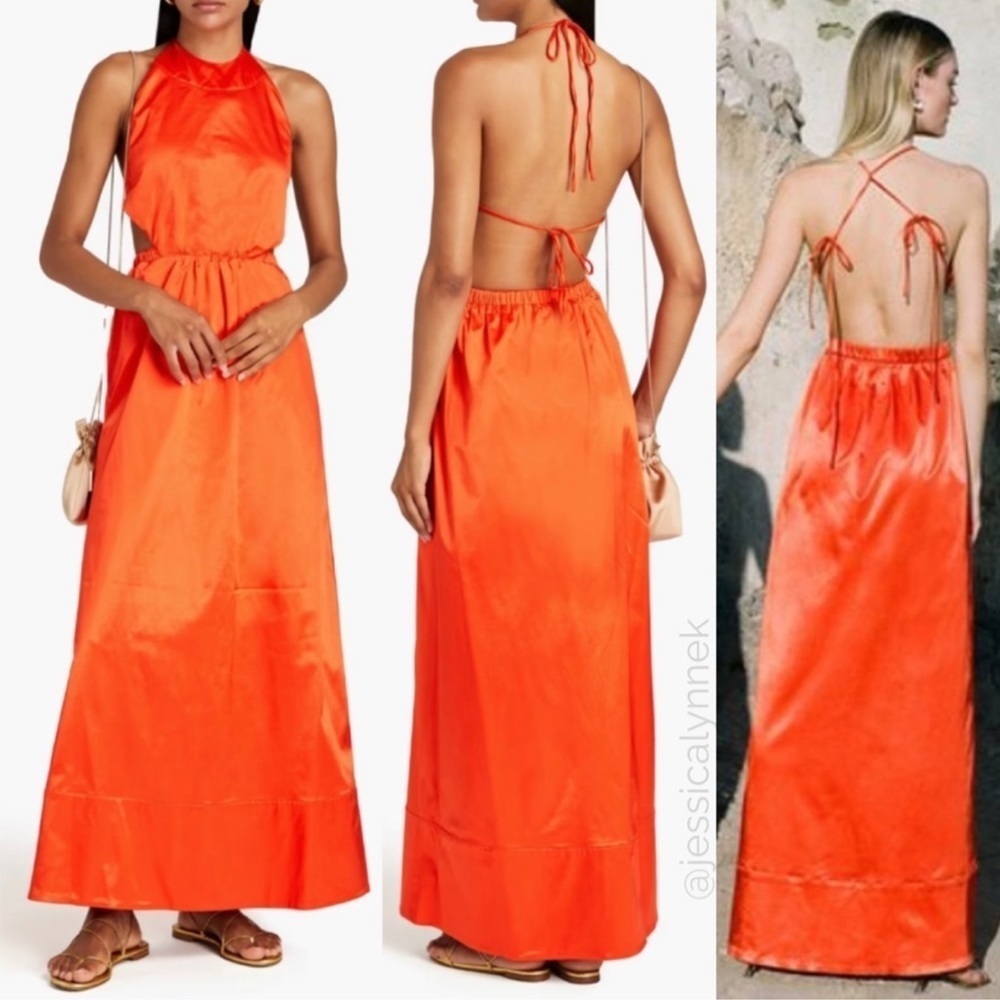 STAUD Satin Open Cut-Out Tie Back High Neck Halter Long Maxi Dress Orange - L